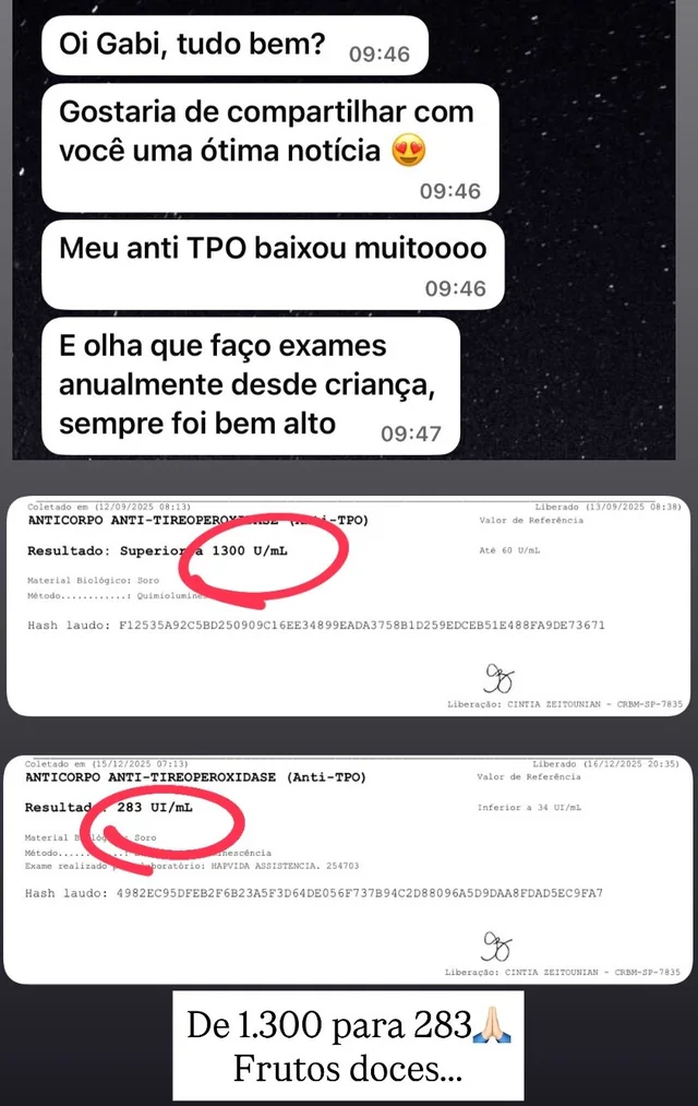 Mensagem de paciente e dois laudos: anticorpo anti-TPO de 1.300 para 283