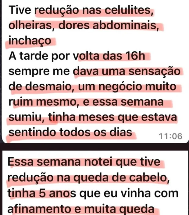 Mensagens de paciente com Hashimoto relatando menos inchaço, olheiras, sensação de desmaio e queda de cabelo