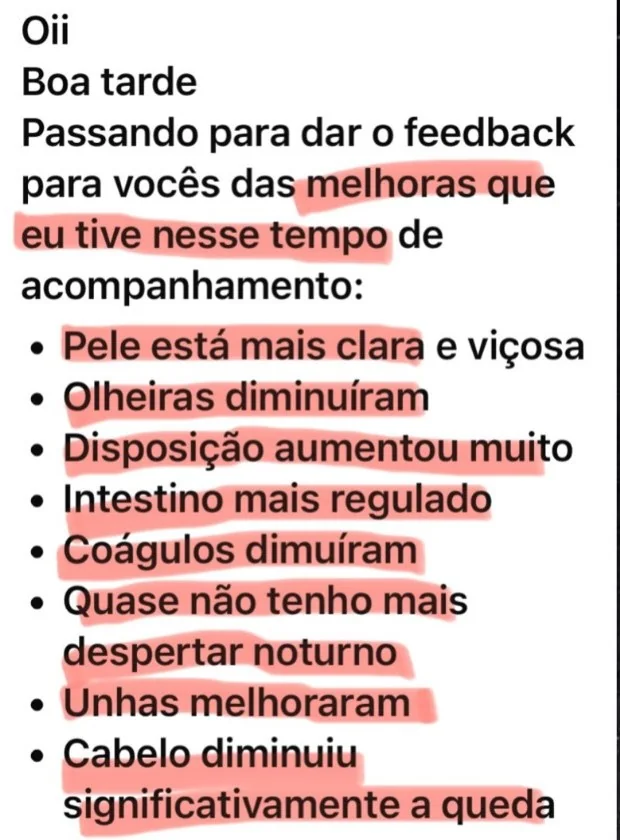Mensagem de paciente com hipotireoidismo listando melhoras na pele, disposição, intestino e queda de cabelo